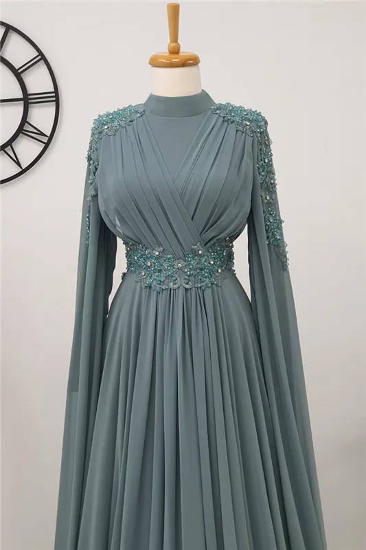 Long Chiffon Appliques Evening Dress with Cape High Neck Dubai Arabic Long Sleeves Formal Prom Party Gowns Beaded Robe