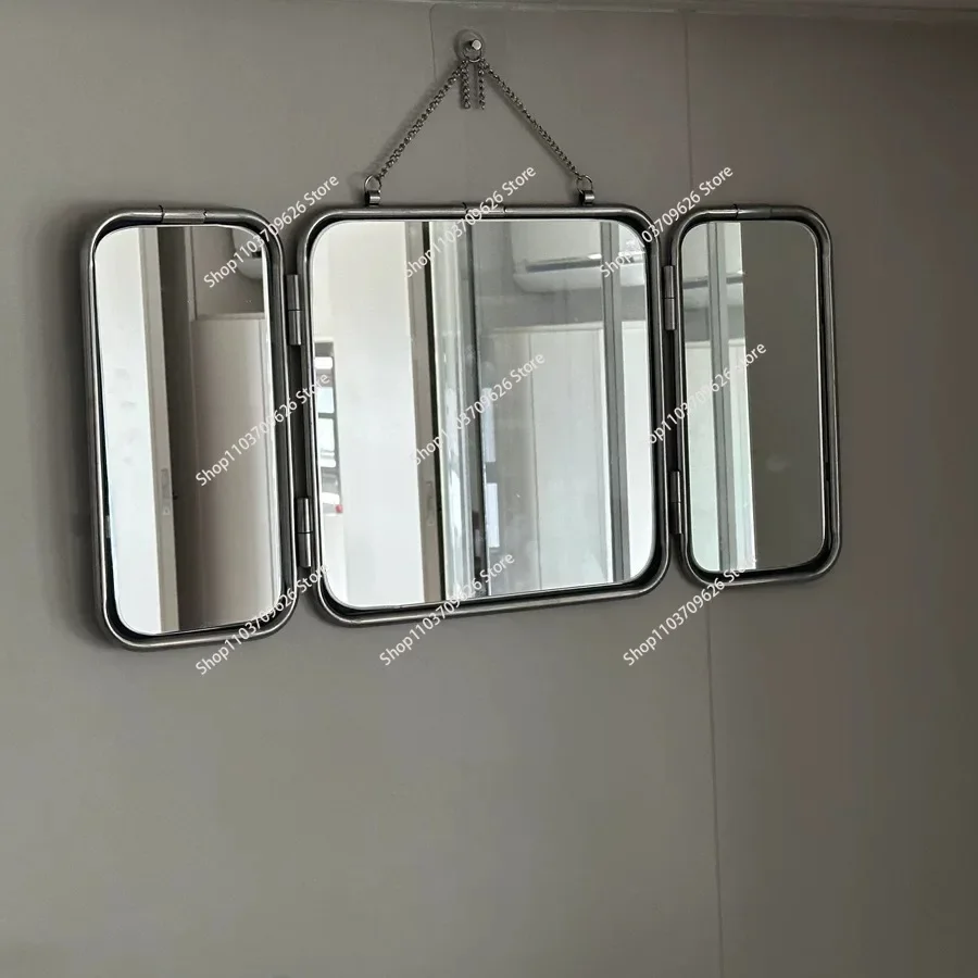 Square modern minimalist metal trifold mirror, stainless steel wall mounted mirror, bathroom dressing table, homestay high-defin