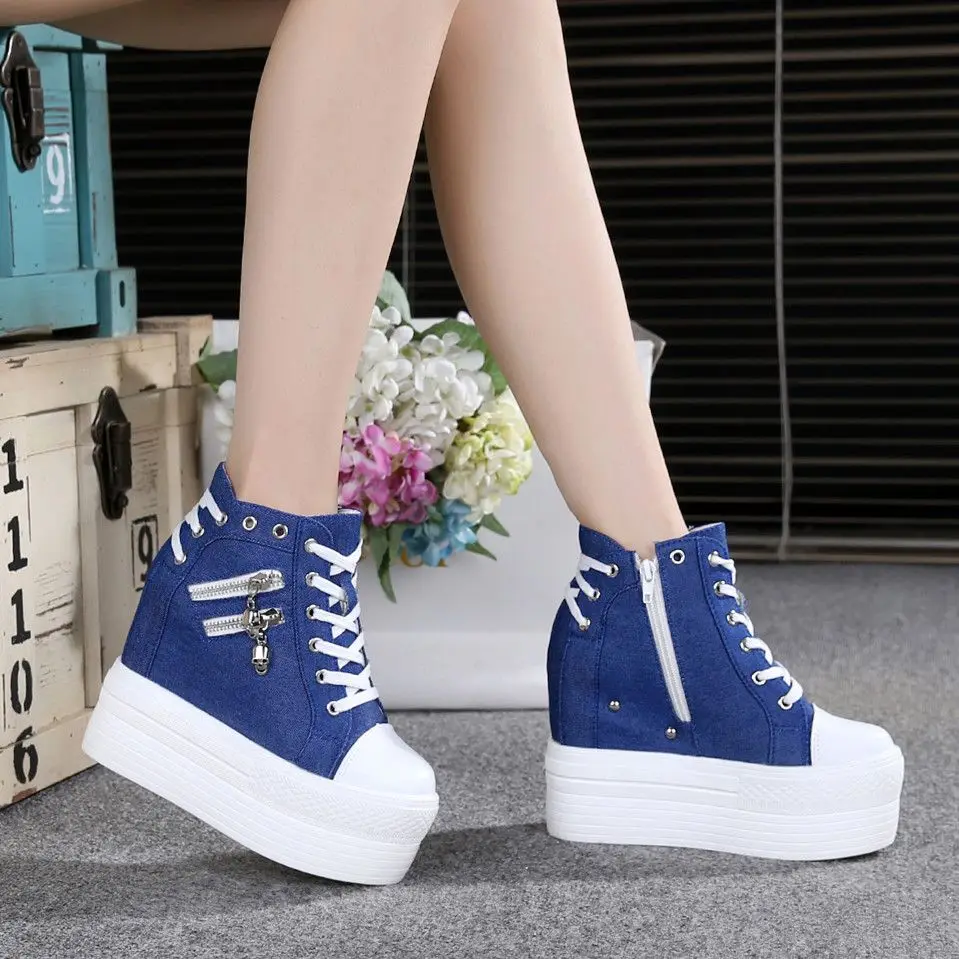 

Woman Platform Sneakers Wedge Shoes 2024 Female 11cm Height Increasing Ladies Zippers Breathable Cloth Casual Shoes Canvas Shoes