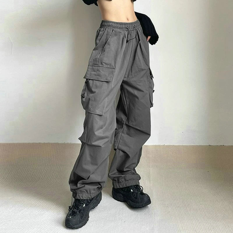 

Vintage Grey Loose Streetwear Baggy Jeans Retro Women Cargo Pants High Waist Sporty Pockets Wide Leg Y2K Denim Trousers Overalls