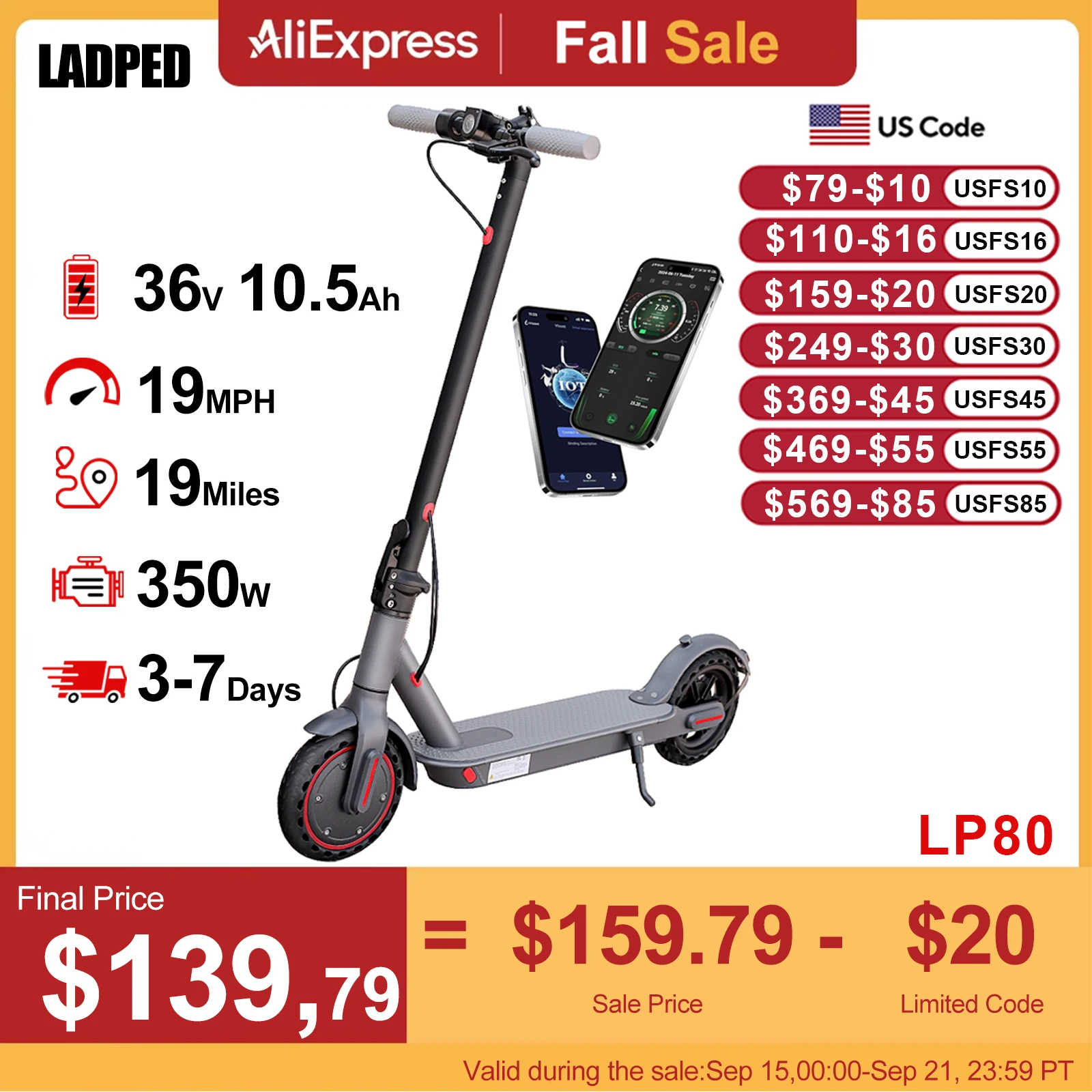 LADPED Scooter Eléctrico 350W 19mph APP Scooter Inteligente Amortiguador Antideslizante  Scooter eléctrico impermeable plegable de 8,5 pulgadas