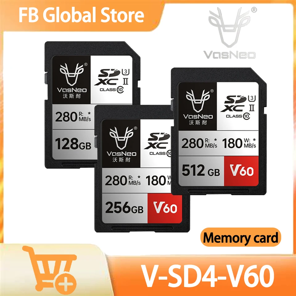 VasNeo SD4.0 V60 128GB 256GB 512GB High Performance Memory Card UHS-II U3 4K HD Fast Transmission Storage Card for Camera