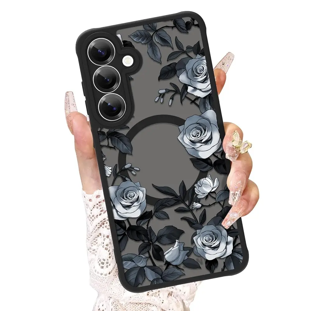 

Floral Case Fit for Samsung Galaxy S24 Plus [Compatible with MagSafe] White Rose Flowers Design Translucent Phone Cover Soft