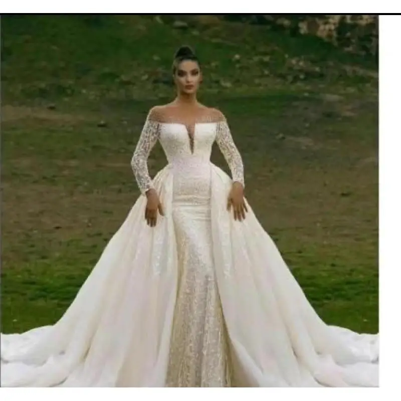 New Long Sleeve Wedding Dress With Detachable Train Sexy See Through V Neck Mermaid Wedding Dress Vestido De Noiva Customized