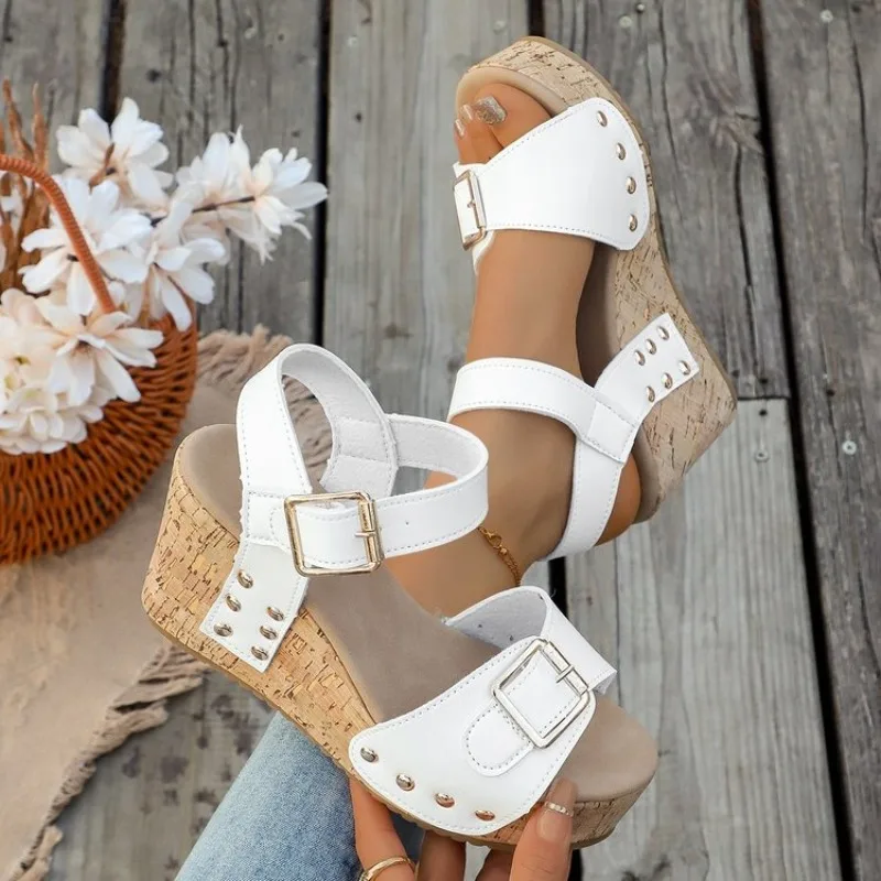 

Womens Summer Wedge Sandals Platform High Heels Ankle Strap Buckle Peep Toe Studded Cork Pattern Comfortable Walking Style New