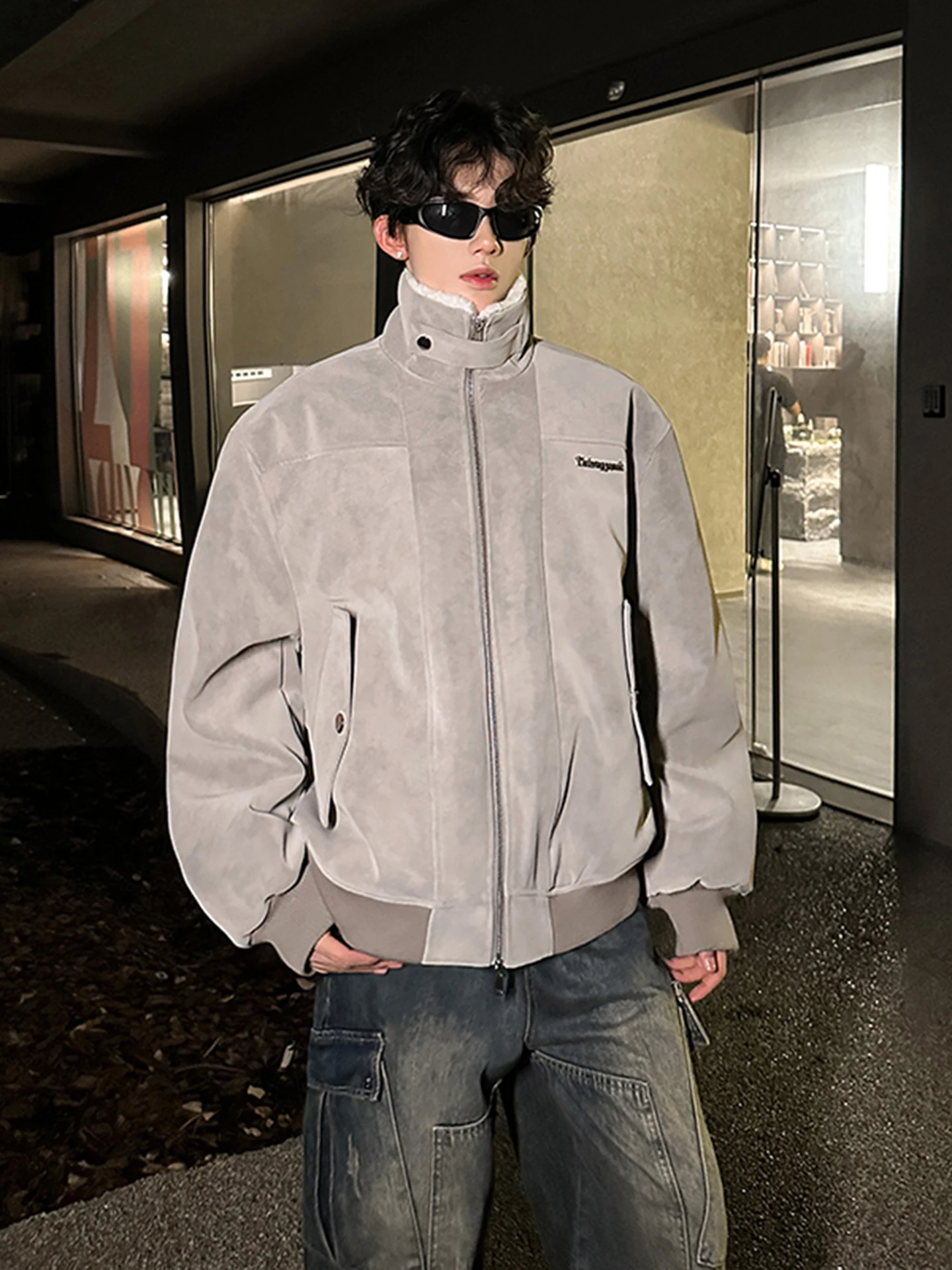 الرجال Thiened الشتاء Jaet الفراء طوق الجلود والفراء الدقيقة بدوره إلى أسفل طوق ملابس العمل القطن الراقية الأمريكية Sle...