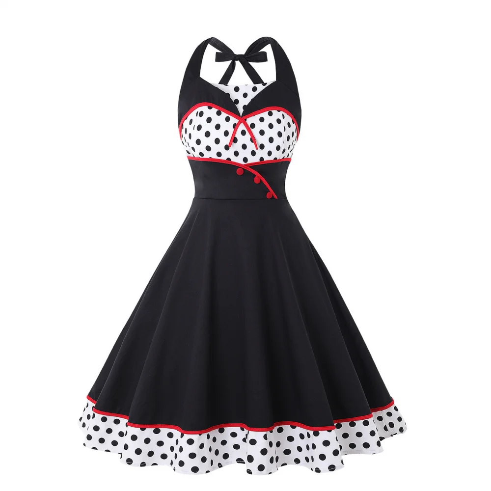 

Women's Polka Dots Halter Dress Gothic Robe 1950S Retro Vintage Short Sleeve Swing Party Dresses Elegant Tunic A-Line Vestidos ﻿