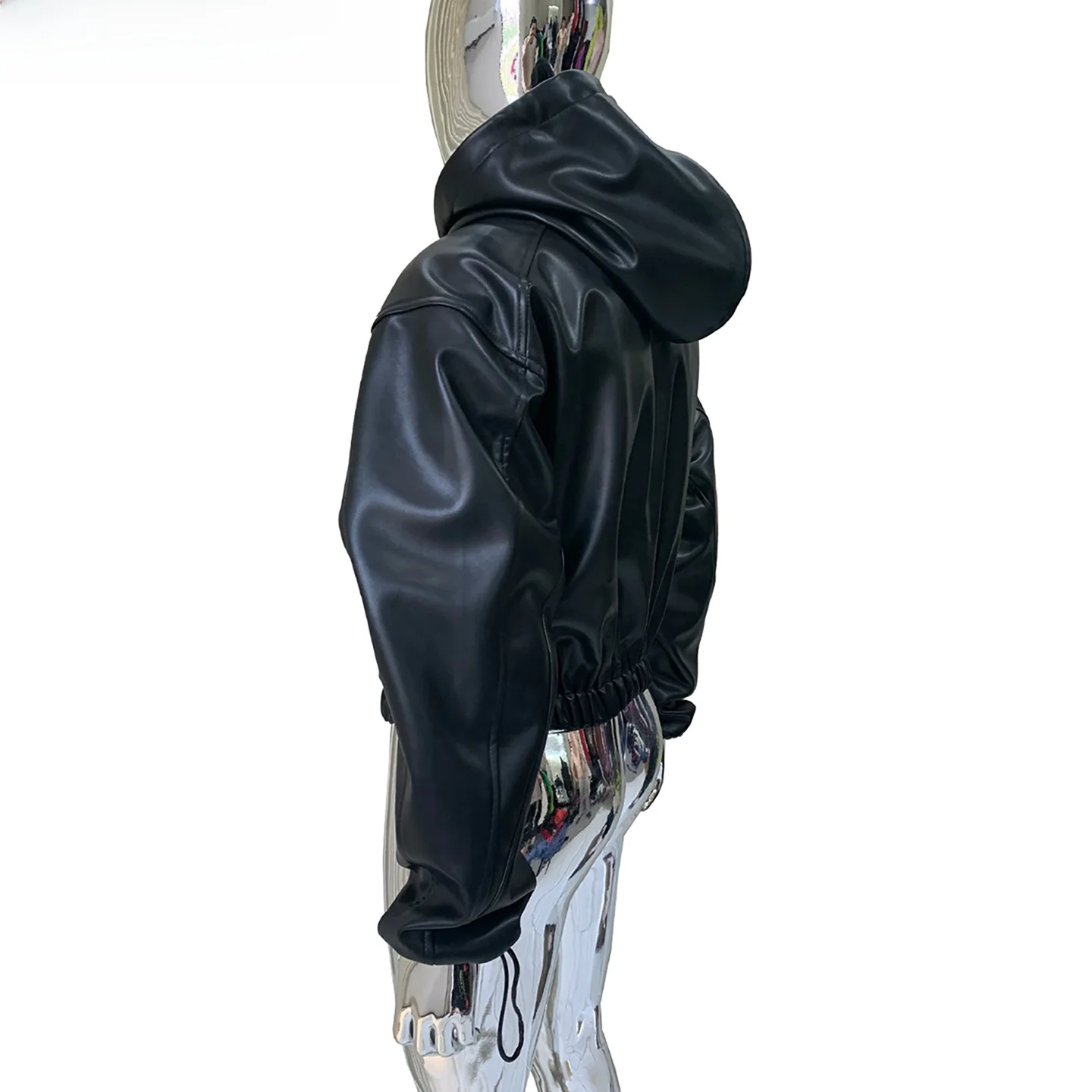Nerazzurri Men's Casual Short PU Leather Jacket Black Hooded Elastic Waist High Gloss Cool Youth Vitality Style Zipper Pure C...