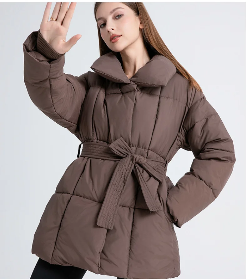 Advanced with Waist Cinching Tie Up Black Cotton Jacket Women's 2026 Winter New Korean Version Stand Collar Coat Female Parkas