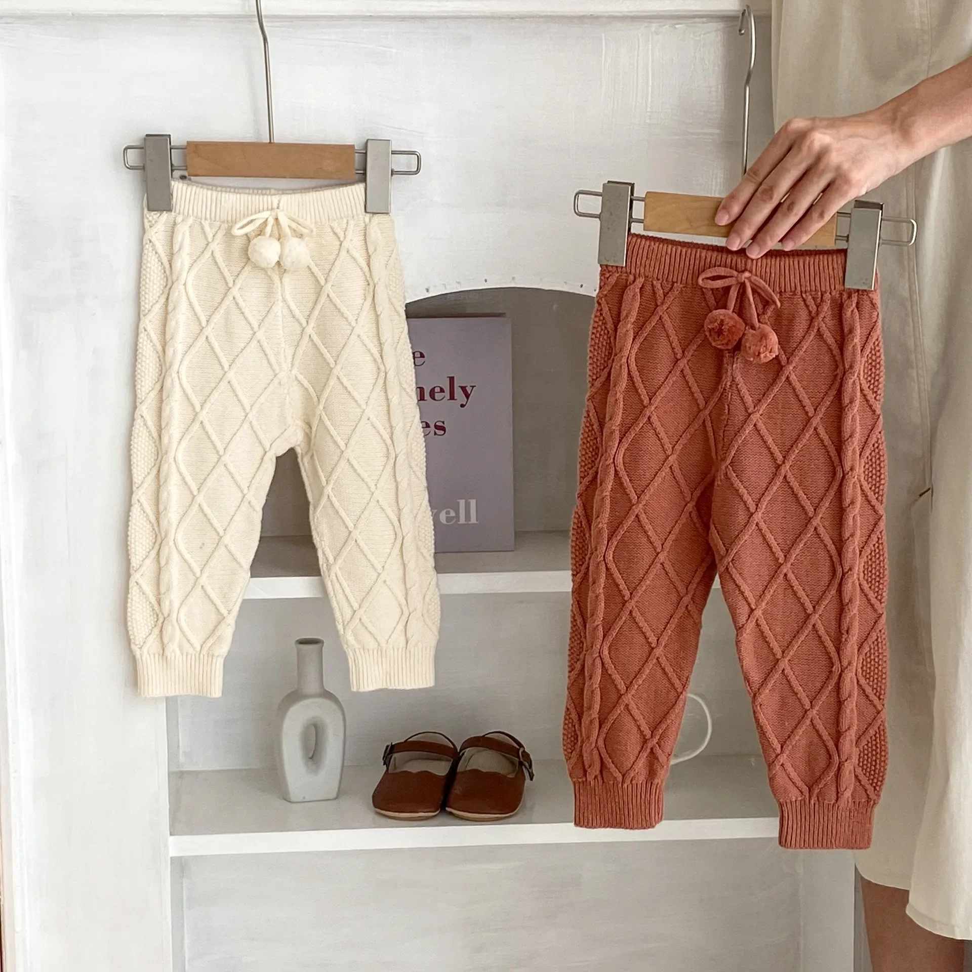 Casual Autumn Knitted Pants for 0-3Y Baby Boys Girls Brown White Ball Decorated Intersecting Rhombus Sweatpants Trousers