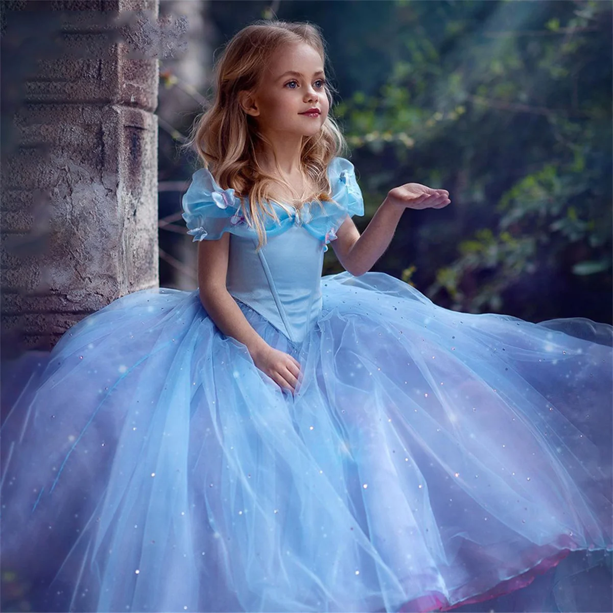 

Blue Flower Girl Dress Shiny Tulle Butterfly Decoration Off Shoulder Wedding Flower Child First Communion Party Dress