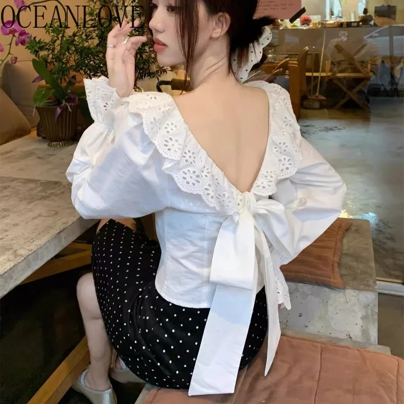 

OCEANLOVE Women Shirts&blouses Back Bandage Ruffles Solid Bows Vintage Sexy Blusas Mujer Spring Autumn Korean Fashion Camisas
