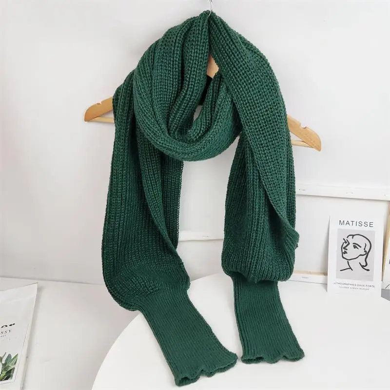 European Style Winter Women Long Scarf with Sleeves Wool Knitted Scarves for Women Thick Warm Casual Shawl High Quality