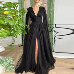 Black Customized Chiffon Prom Dresses Beaded Appliques Long Sleeves Evening Gowns Deep V-Neck Slit Pleats Formal Party Dress