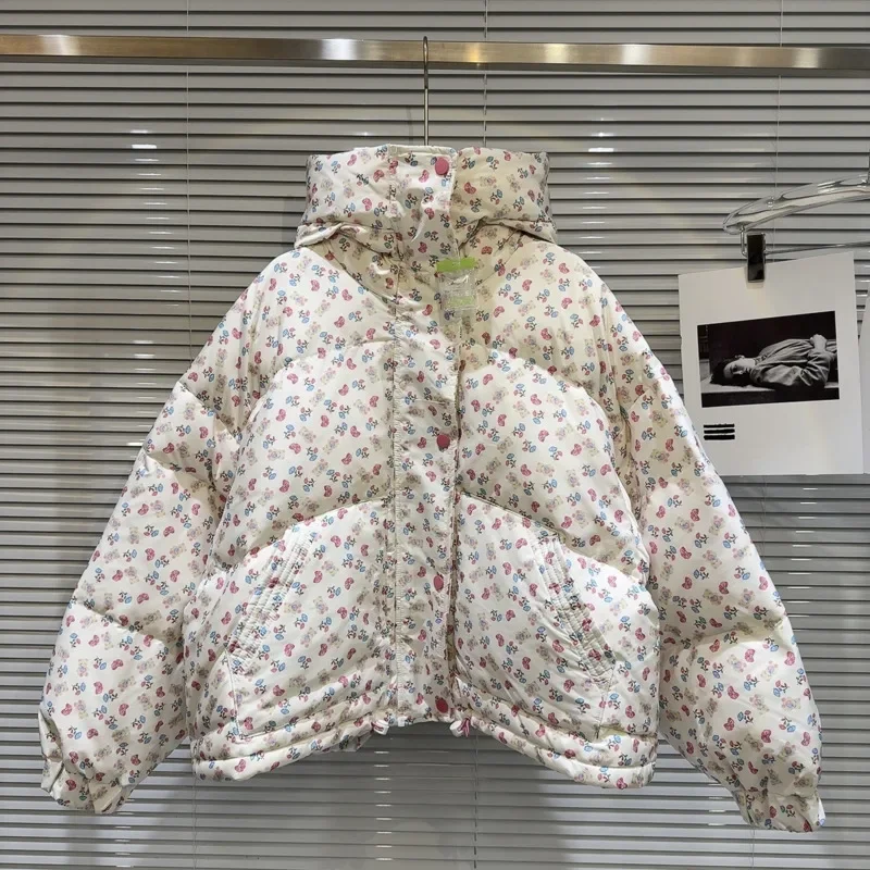 2024 Winter New Arrival Scarf Collar Hand-painted Floral Print White Duck Down Jacket Women Warm Coat Gm733