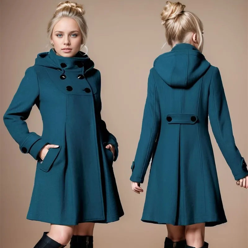 

Women's Woolen Coat Medium Length Hooded Double Breasted loween Cloak Windbreaker Long Sve Color Other Material 00%