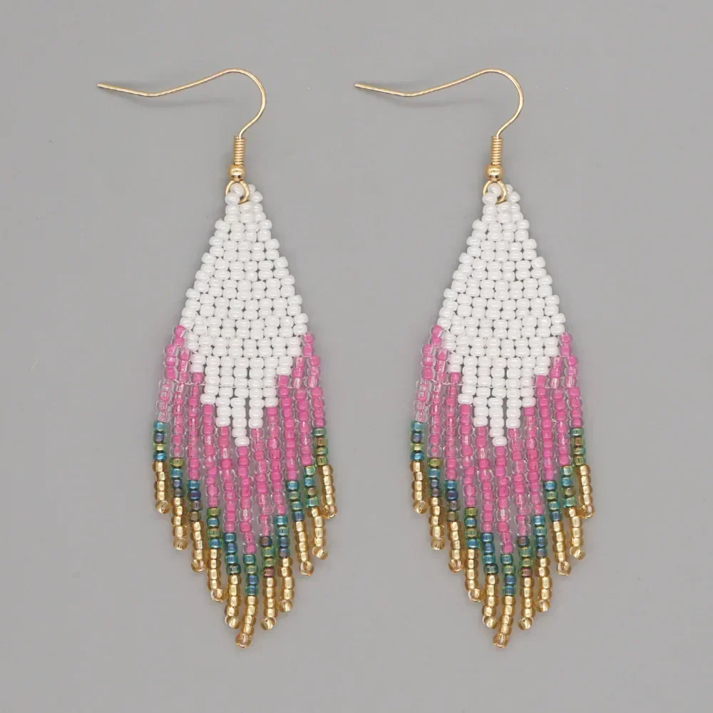 

Серьги из рисовых бусин, ручное вязание, градиент цвета, богемная мода, ласточкий хвост, простая геометрия, сплав, мэм, серьги из бисера с бахромой