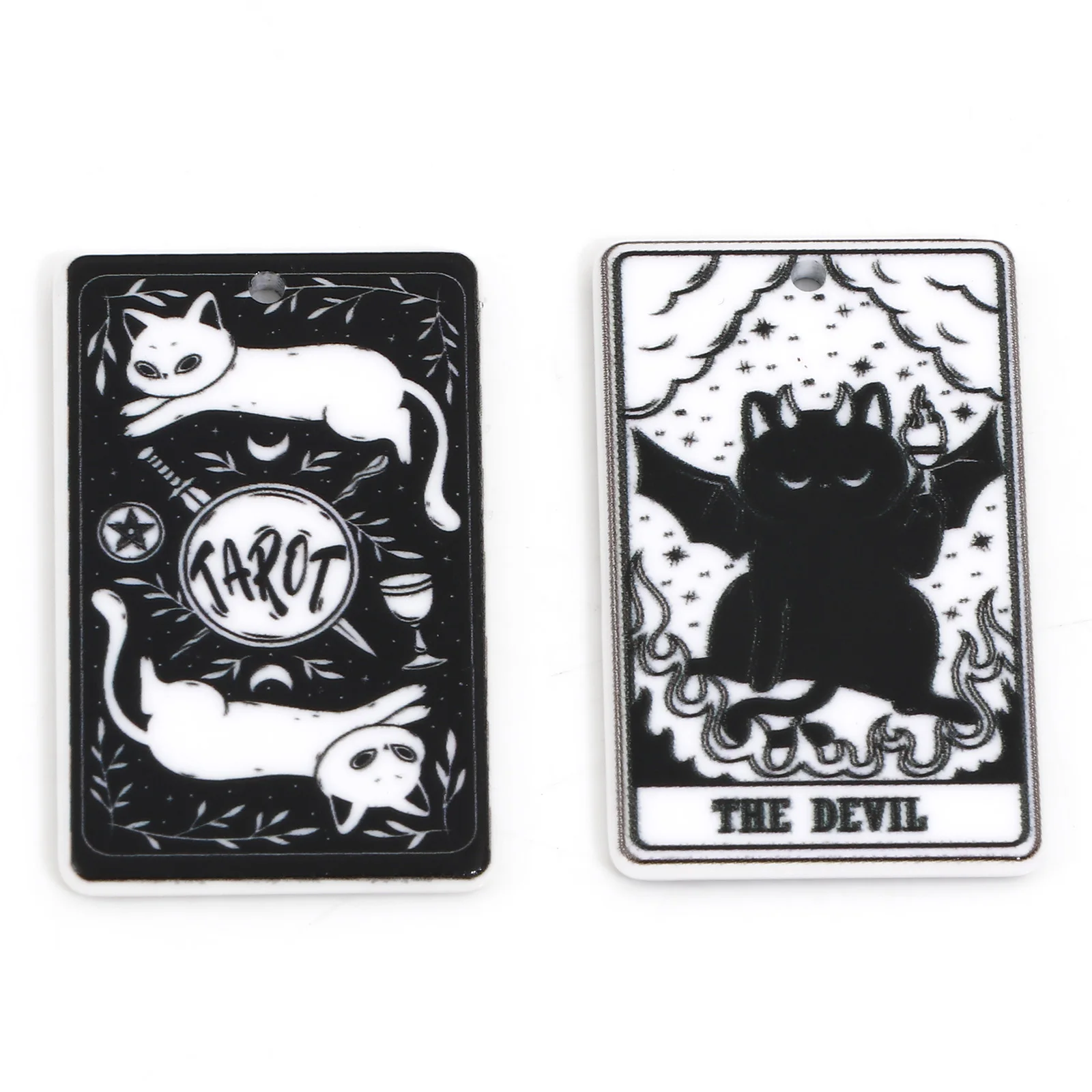 5PCs Black White Acrylic Tarot Pendants Rectangle Cat Double-sided Charms For DIY Earrings Necklace Jewelry Making 3.8cm x 2.3cm