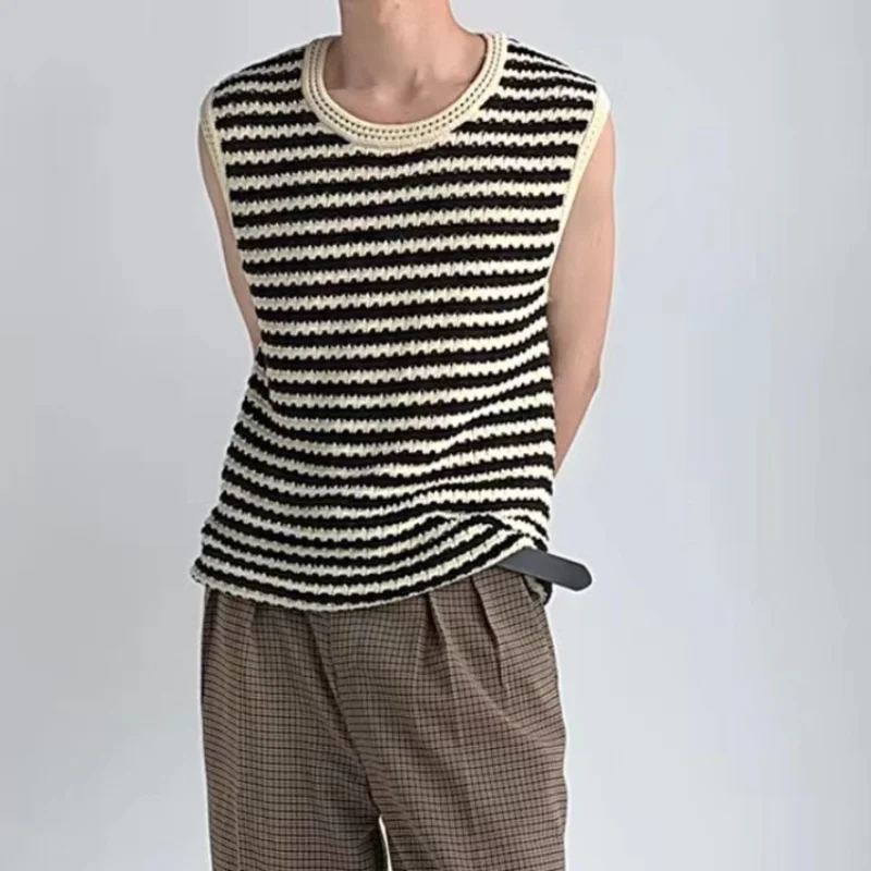 Korean Clothes Sleeveless Knitted Sweater Vest Male Striped Hollow Summer Loose Casual Harajuku Niche Design Pullover Men's Vest