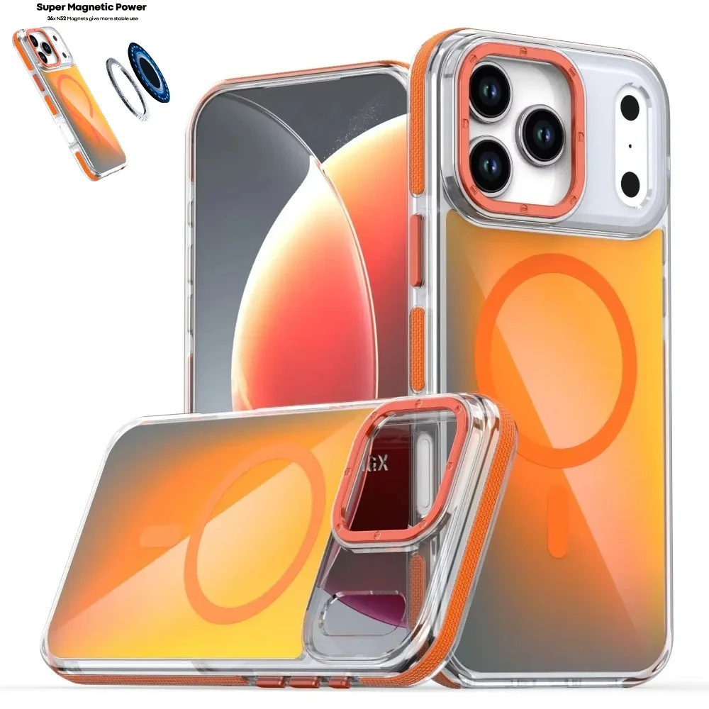 

Роскошный качественный чехол для телефона Magsafe с металлическими линзами для iPhone 17 Air 16 Pro Max 16E 15Plus 14 13 12 11 с беспроводной зарядкой, обесцвеченный чехол