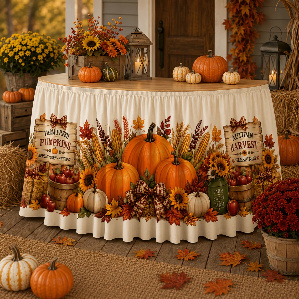 One tablecloth from the farm, fresh pumpkin in autumn harvest season, sunflower,maple leaf, hay bale, apple patterned bow tiexzj