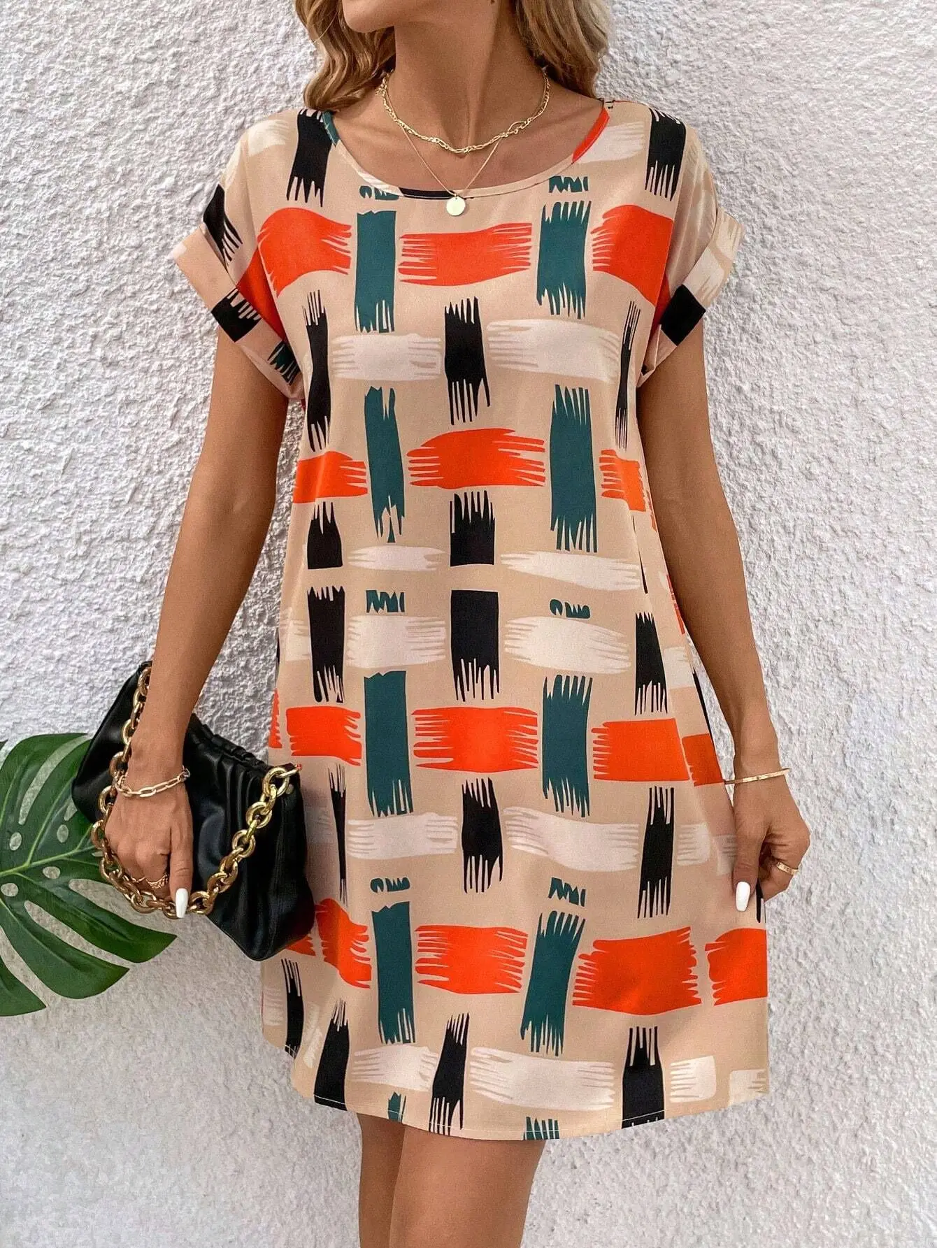 

Женское платье с абстрактным принтом и рукавами «летучая мышь», повседневное короткое платье с коротким рукавом и круглым вырезом на лето,