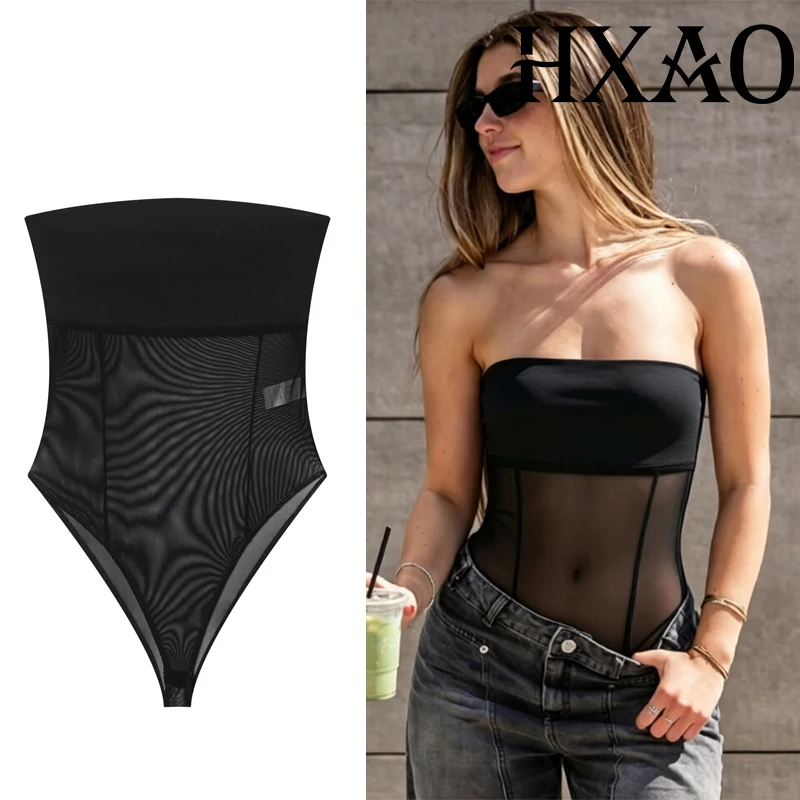 

HXAO Tulle Corset Bodys Woman Summer Strapless Tube Top Black Bodysuit Mesh Sexy Backless Sheer Lingerie Body Party Night Club