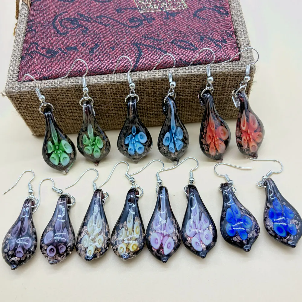 7 pairs of ethnic style Murano glass multi-color water droplet pendant earrings, fashionable and versatile earrings