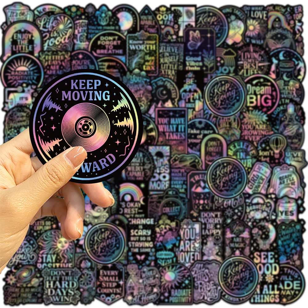 10/30/50/100pcs Cool Laser Style Motivational Stickers Positive Words Text Cartoon Decals Waterproof Inspirational Quotes Decal