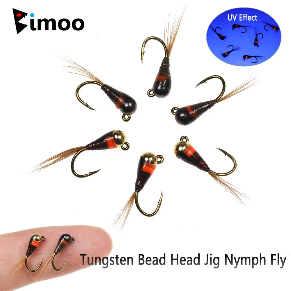 Bimoo 6pcs #16 Tungsten Bead Head Jig Nymph Fly Epoxy Body Pheasant Tail Fast Sink Wet Barb Euro Nymph Fly Trout Fishing Lures