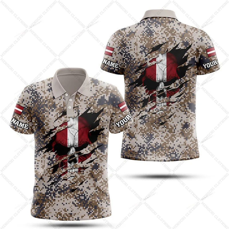 Custom Name Latvia Skull Camouflage Polo Shirts Summer Unisex Casual Streetwear Men's Fashion Loose Jersey Plus Size Sportswear