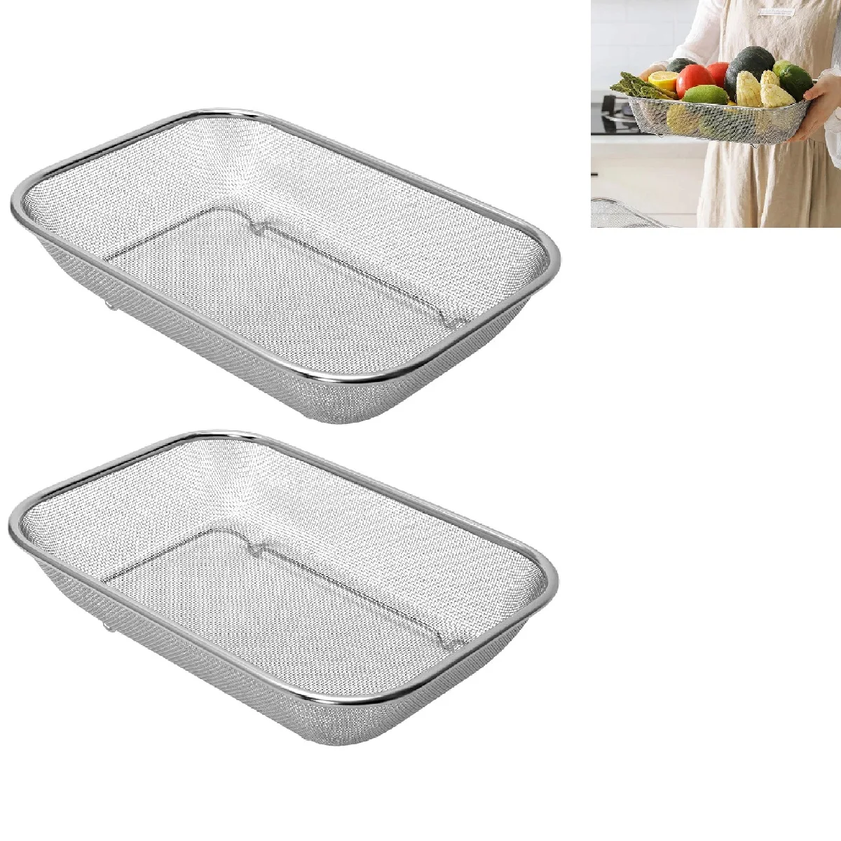 2 Rectangular Stainless Drainer Multipurpose Fruit Food