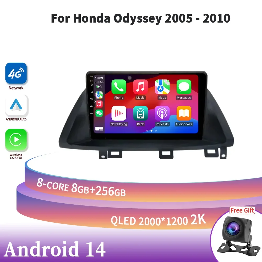 Беспроводная стереосистема Carplay для Honda Odyssey 2005-2010 Android 14, автомобильный радиоприемник, мультимедийная навигация, головное устройство, экран, универсальный GPS