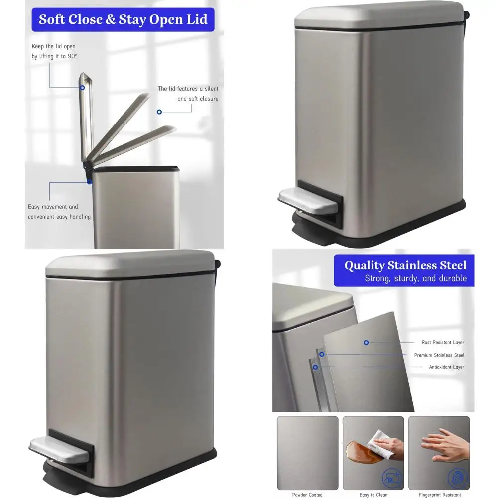 

Stainless Steel 5L Step-On Trash Bin with Soft-Close Lid for Bathroom, Bedroom, and Home Office, Kohler Grey