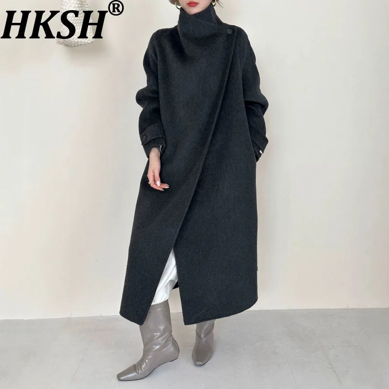 

HKSH Autumn Winter New Women Long Coat Stand Collar Single Button Solid Color Office Lady Ins Double-Sided Woolen Jacket HK12278