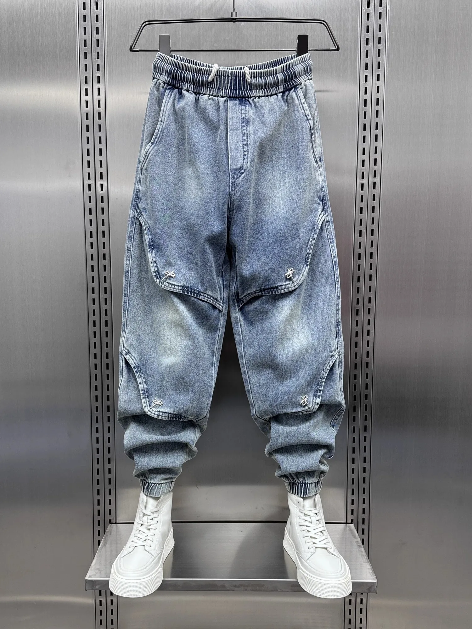 

Мужские летние рабочие брюки свободного кроя Harlan, большие размеры (до 300 фунтов), модные, брендовые, с пэчворком, с эффектом потертости, на эластичном поясе, повседневные