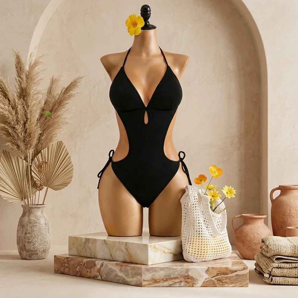 Solid Halter Tie Bathing Suit Curve Friendly One Size Beach Vacation Swimwear For Women Spring Summer Fitness Cycling
