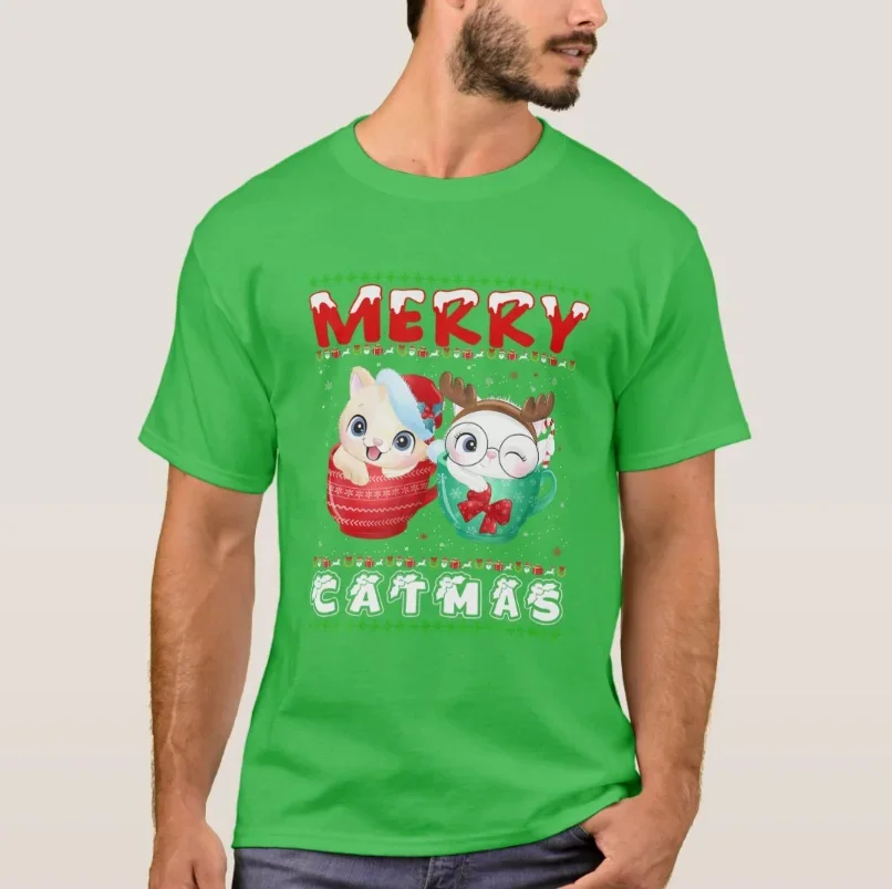 Funny Merry Catmas Cat Ugly Christmas Cat Loves Gift T-Shirt 100% Cotton O-Neck Short Sleeve Casual Mens T-shirt Size S-3XL