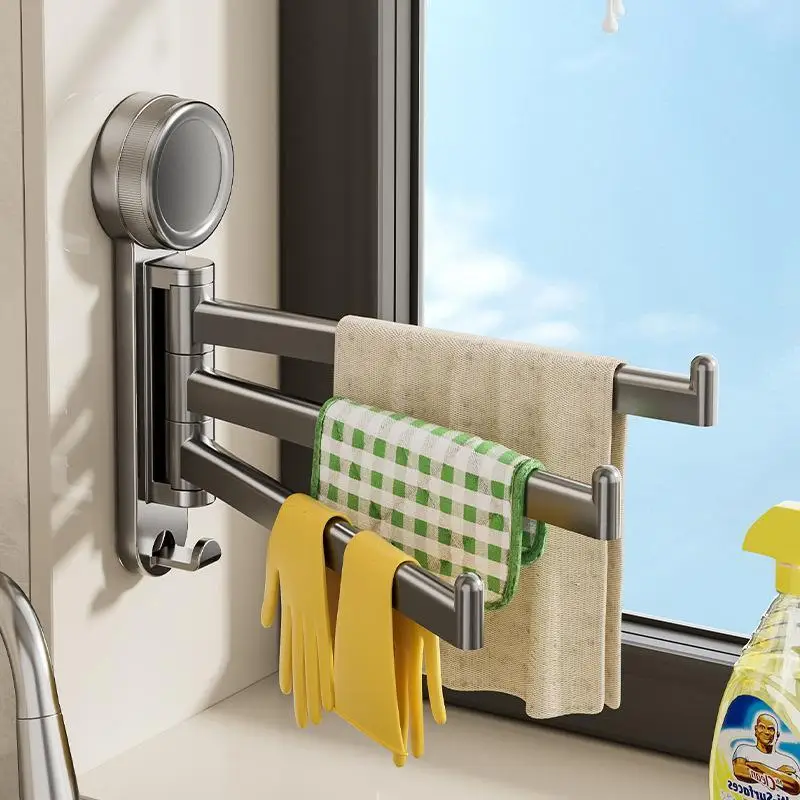 Swivel Towel Rack, 3-Arm Suction Cup Towel Holder, Thicken Aluminum Swing Out Towel Bar, Rustproof Space Saving Towel Hanger