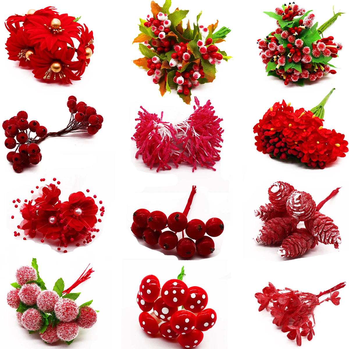 

6/10/12/20/24/200pcs Mixed Red Flower Cherry Stamen Berries Bundle DIY Christmas Wedding Cake Gift Box Wreaths Decor