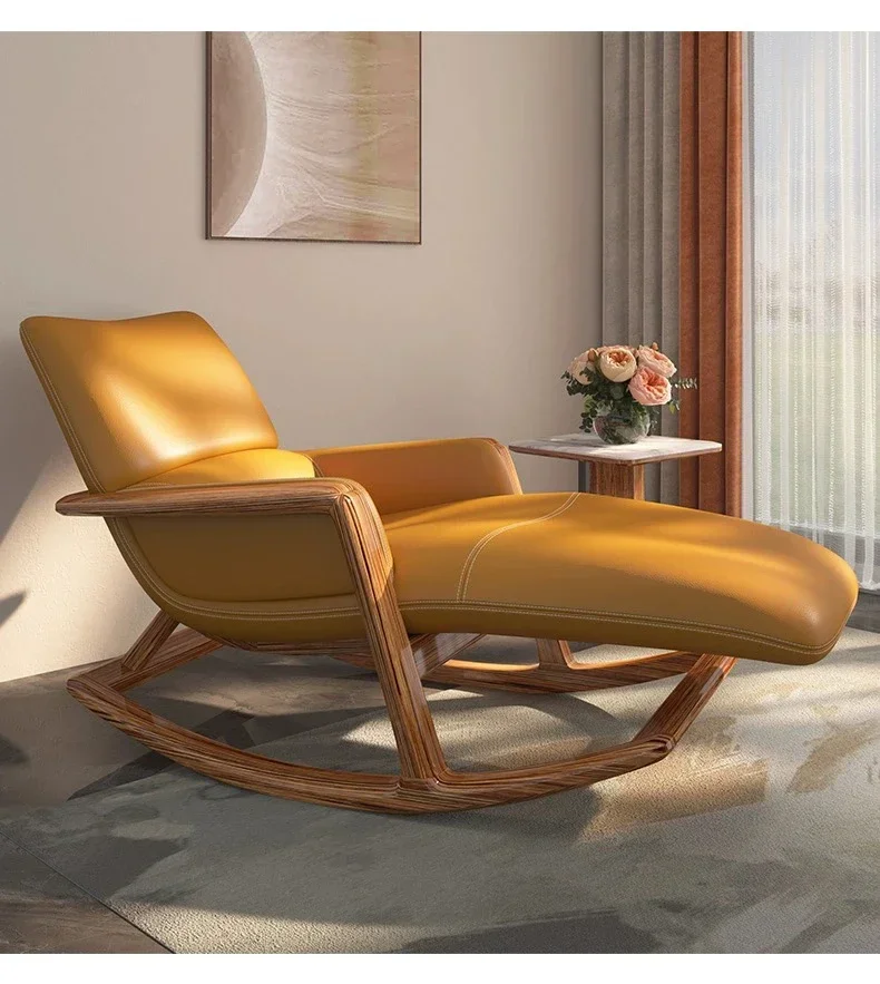 New Chinese Style Ugyen Wooden Lazy Leather Sofa Modern Simple Home Leisure Recliner