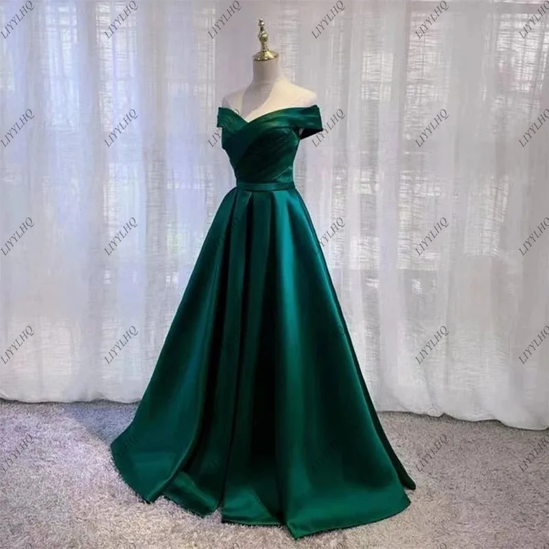 Elegant Off-Shoulder Emerald Green Prom Dresses Lace Up Women Charming Formal Evening Gowns Classic Wedding Guest Party Dress