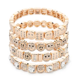 Gran oferta 2024, pulsera esmaltada con cara feliz con incrustaciones de diamantes para mujer, pulsera de azulejo, cuentas de dados de Color dorado, brazalete, accesorios de joyería Bohemia