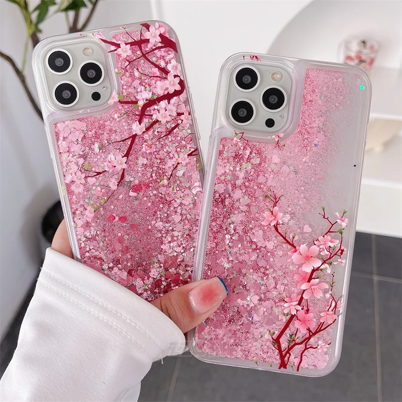 Pink Spring Cherry Blossoms For iPhone 15 Pro Max 14 Plus 13 12 Mini 11 XS XR SE 2022 6S 7 8 Case Glitter Liquid Quicksand Cover