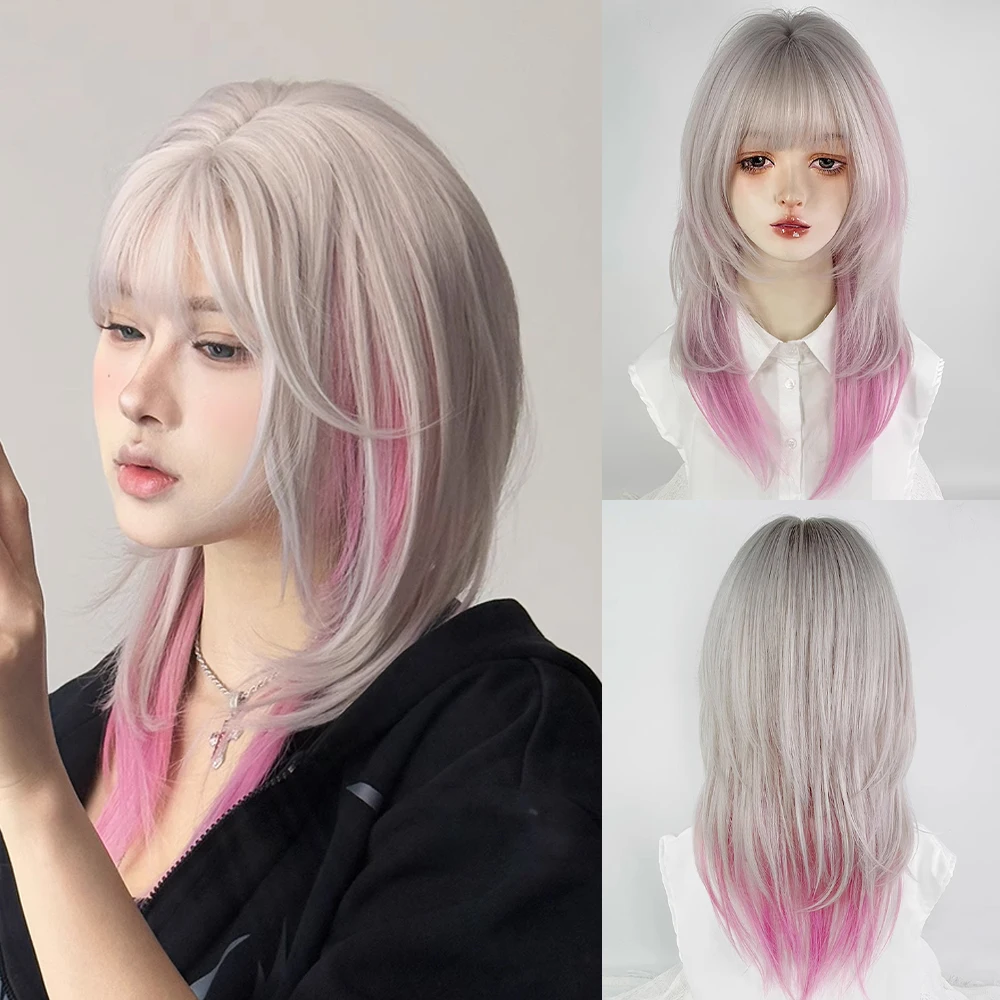 

Синтетические короткие прямые парики с головой кефали и челкой, серебристо-белый, розовый, пушистый парик с эффектом омбре для повседневной вечеринки, косплей Лолиты