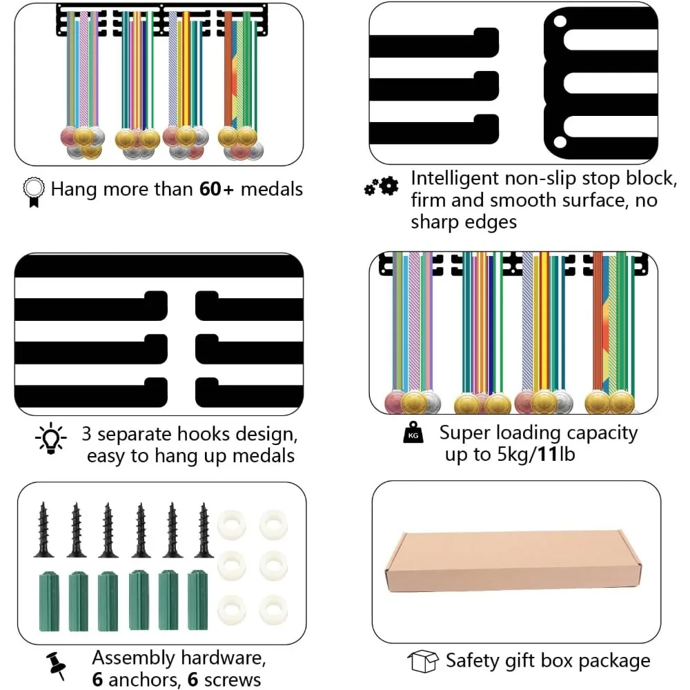 마라톤 달리기용 정리함 랙, 달리기 메달 거치대 디스플레이, 블랙 벽 마운트 프레임, 스포츠 걸이, 60 개 메달