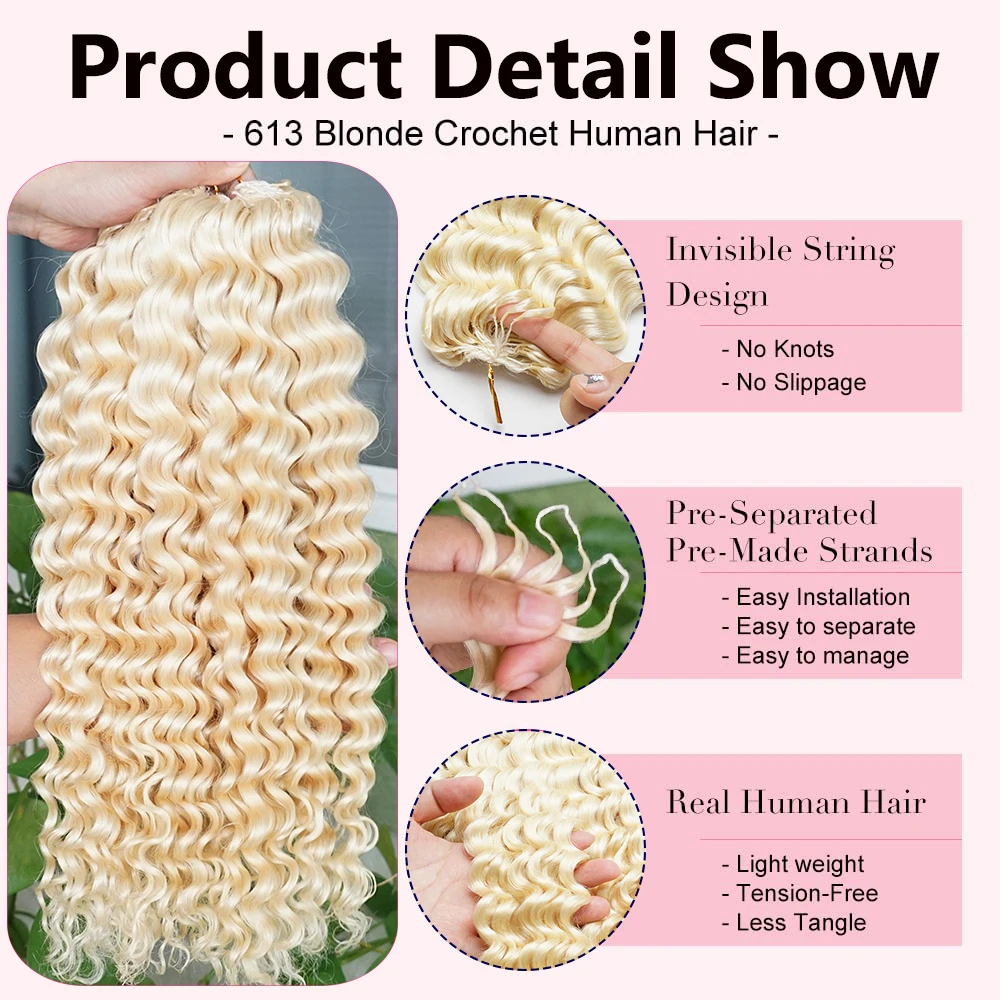 #613 Blonde 300g Deep Wave Crochet Hair Human Hair Pre Separated Miracle Knots Crochet Human Hair Braiding For Boho Braids Human Hair Lightweight Burmese Curly Crochet Hair 18Inch Deep Wave Bundles 100% Human Hair Extensions