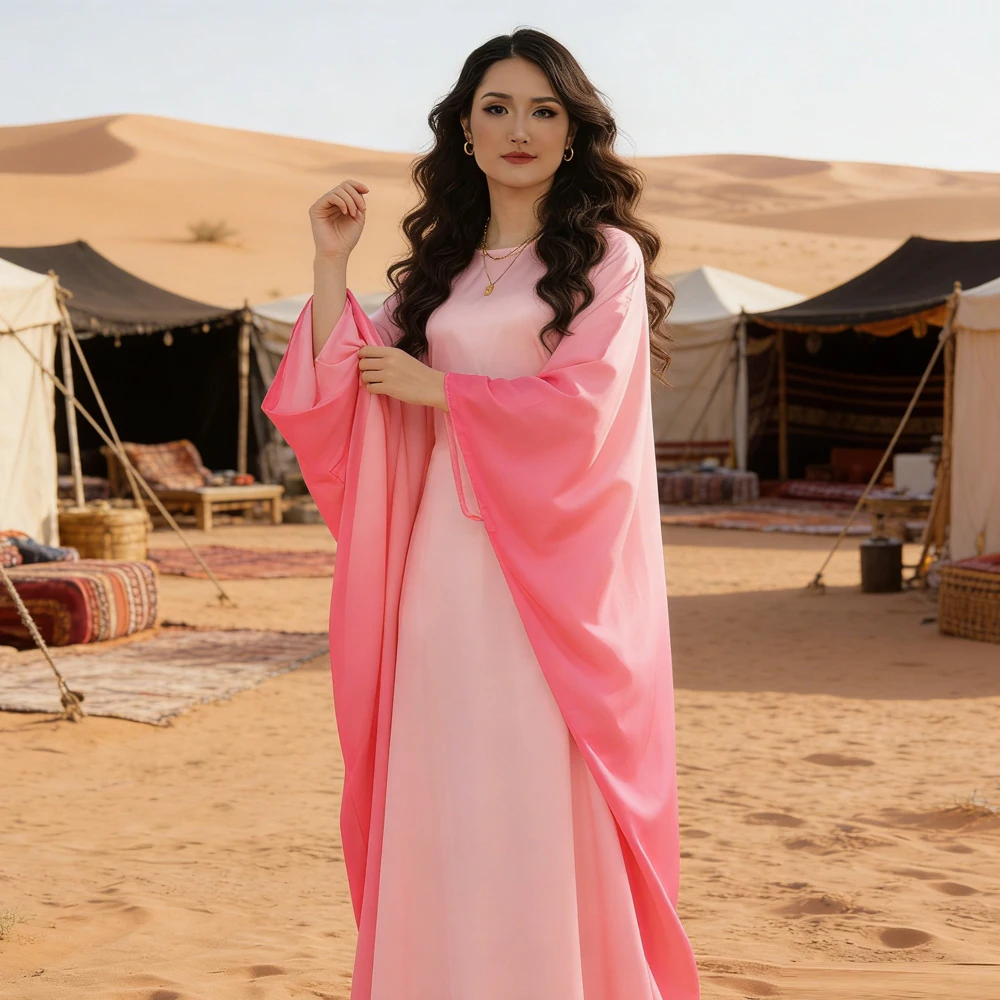 

Gradient Batwing Butterfly Sleeve Satin Abaya Dubai Luxury Muslim Dress For Women Kebaya Caftan Marocain Femme Vestidos Kaftan
