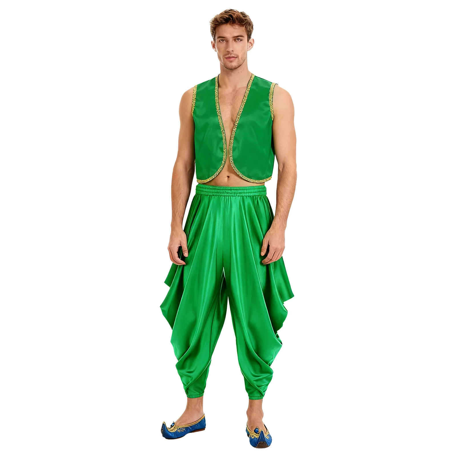 

Men Carnival Arabic Folkloric Indian Prince Role Play Costume Shiny Vest And Harem Pants Sets for Halloween Raves Party Uniforms