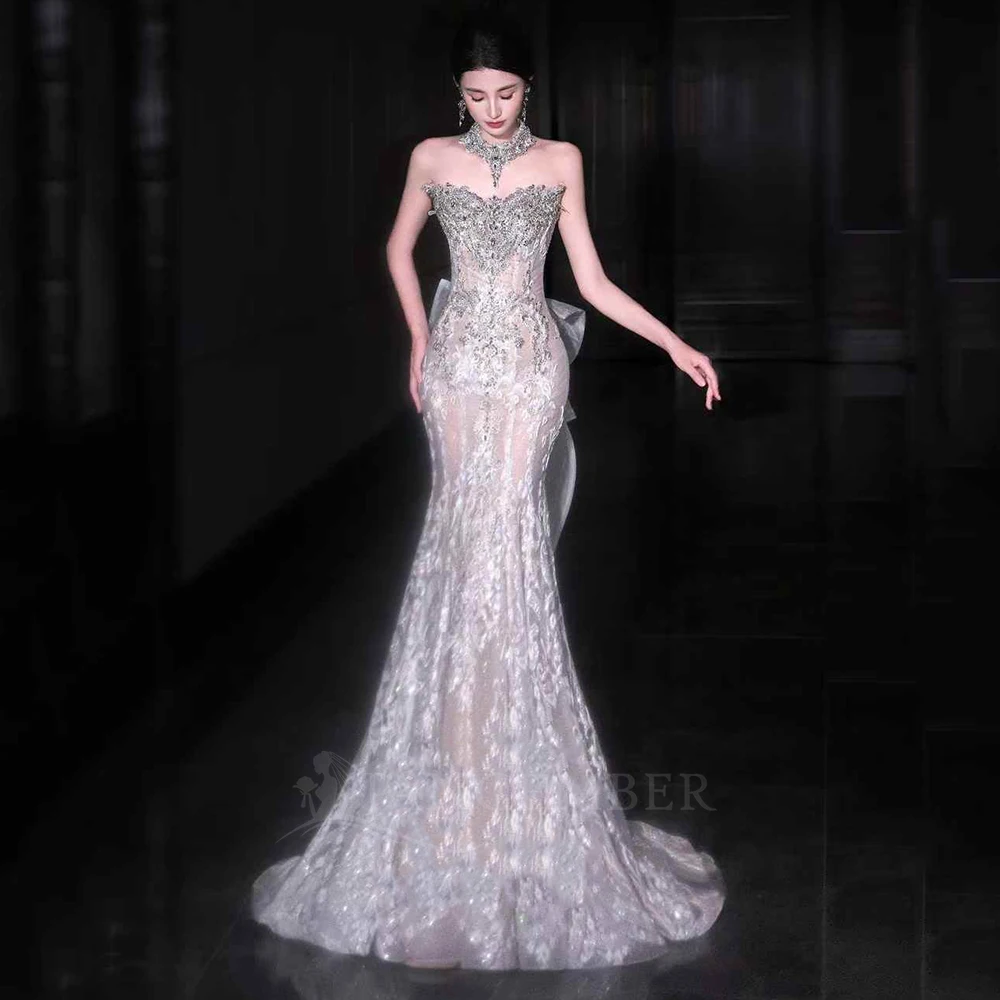 

Customized Luxury Mermaid Wedding Dresses With Bow Strapless Beaded Lace Bridal Gowns with Court Train Vestidos De Novia